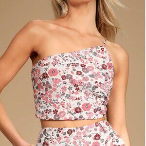 Lulus Bloom Into Spring Blush Floral Jacquard One-shoulder Crop Top - Small